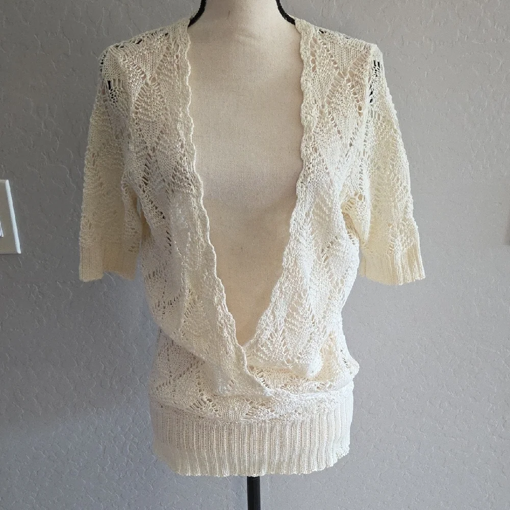 intuitions Cream Knit Wrapped Front V-neck Cardigan Size Large - Picture 7 of 8